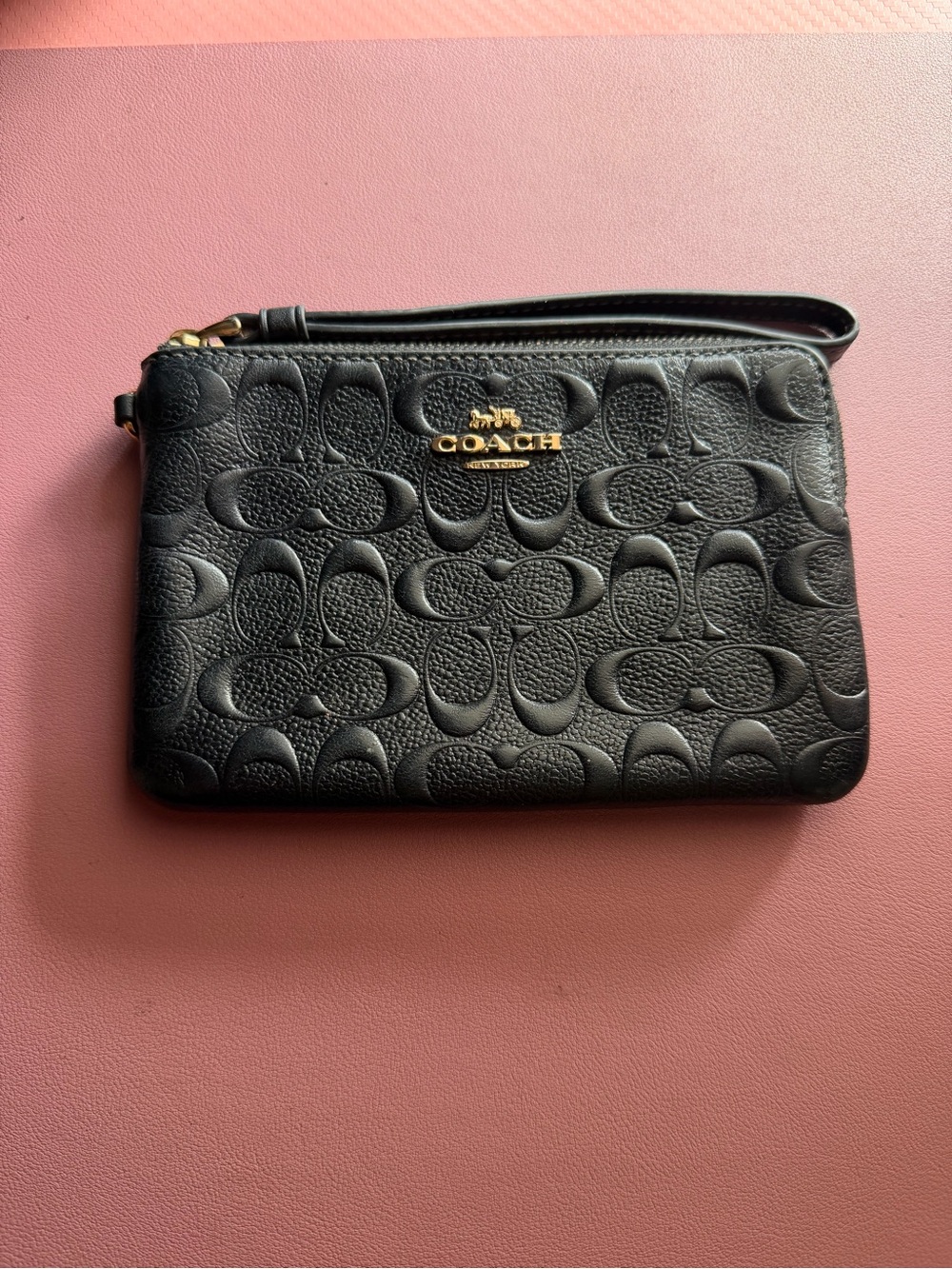 Coach Black Embossed Signature Wristlet with Gold Logo